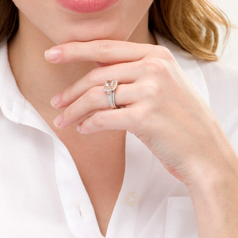 Main Image 2 of 7.0mm Cushion-Cut Morganite and 1/5 CT. T.W. Diamond Bridal Set in 10K Two-Tone Gold