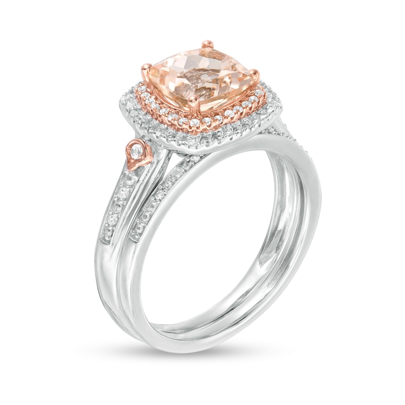 Main Image 3 of 7.0mm Cushion-Cut Morganite and 1/5 CT. T.W. Diamond Bridal Set in 10K Two-Tone Gold