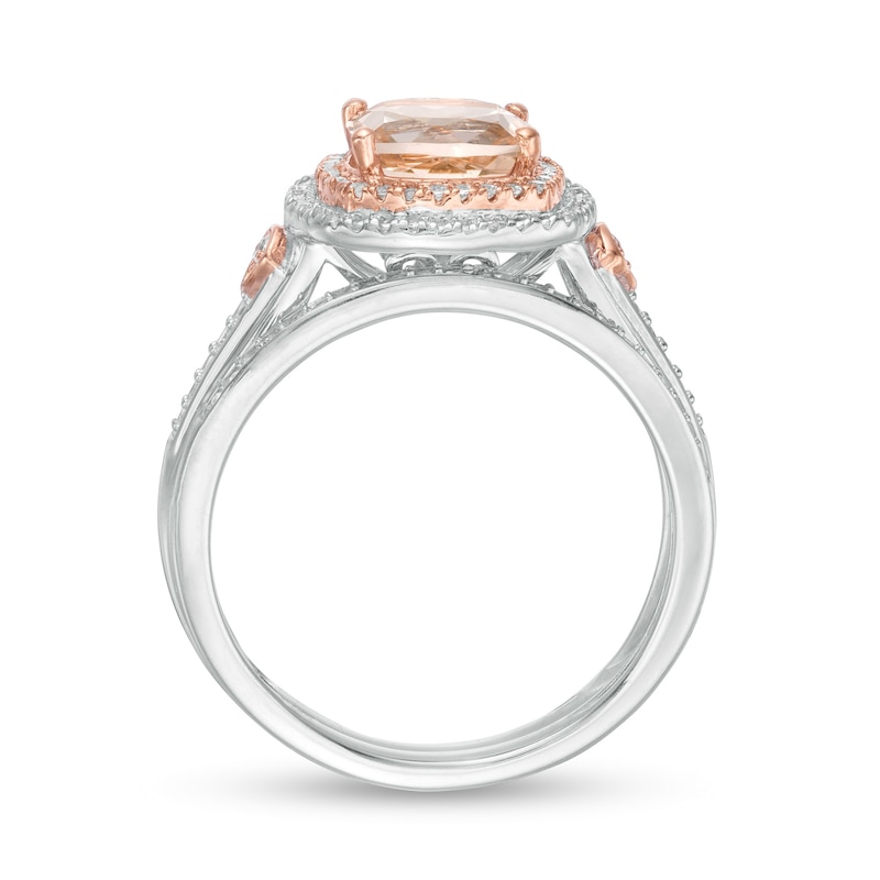 Main Image 4 of 7.0mm Cushion-Cut Morganite and 1/5 CT. T.W. Diamond Bridal Set in 10K Two-Tone Gold