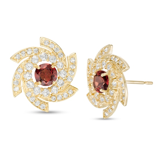 4.0mm Garnet and White Sapphire Pinwheel Frame Stud Earrings in 10K Gold 4.0mm Garnet and White Sapphire Pinwheel Frame Stud Earrings in 10K Gold