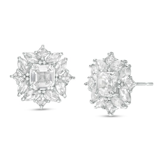 4.0mm Princess-Cut Lab-Created White Sapphire Ornate Frame Stud Earrings in 10K White Gold 4.0mm Princess-Cut Lab-Created White Sapphire Ornate Frame Stud Earrings in 10K White Gold