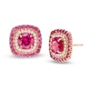 Thumbnail Image 0 of 5.5mm Lab-Created Ruby and White Sapphire Double Cushion Frame Stud Earrings in 10K Rose Gold