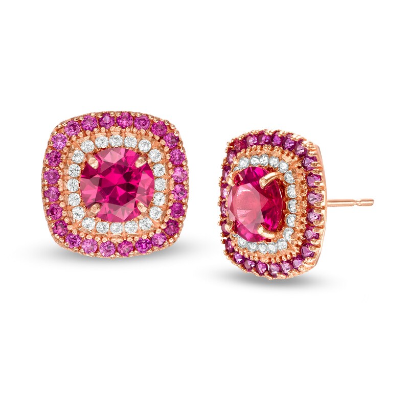 5.5mm Lab-Created Ruby and White Sapphire Double Cushion Frame Stud Earrings in 10K Rose Gold