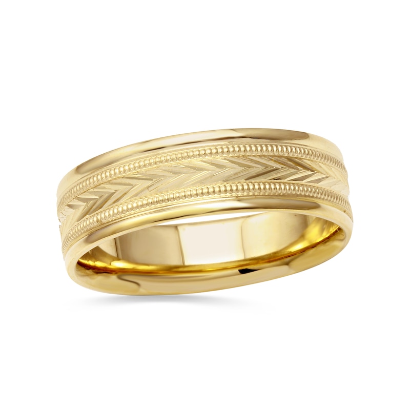 Men's 6.0mm Chevron and Milgrain Wedding Band in 14K Gold - Size 10