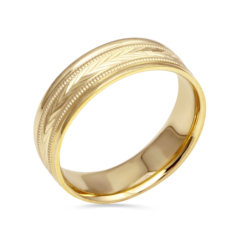 Men's 6.0mm Chevron and Milgrain Wedding Band in 14K Gold - Size 10