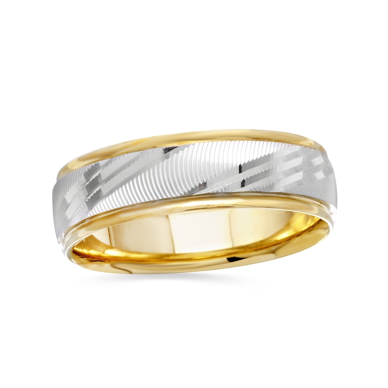 Men's 6.0mm Comfort-Fit Slant Diamond-Cut Wedding Band in 14K Two-Tone Gold - Size 10