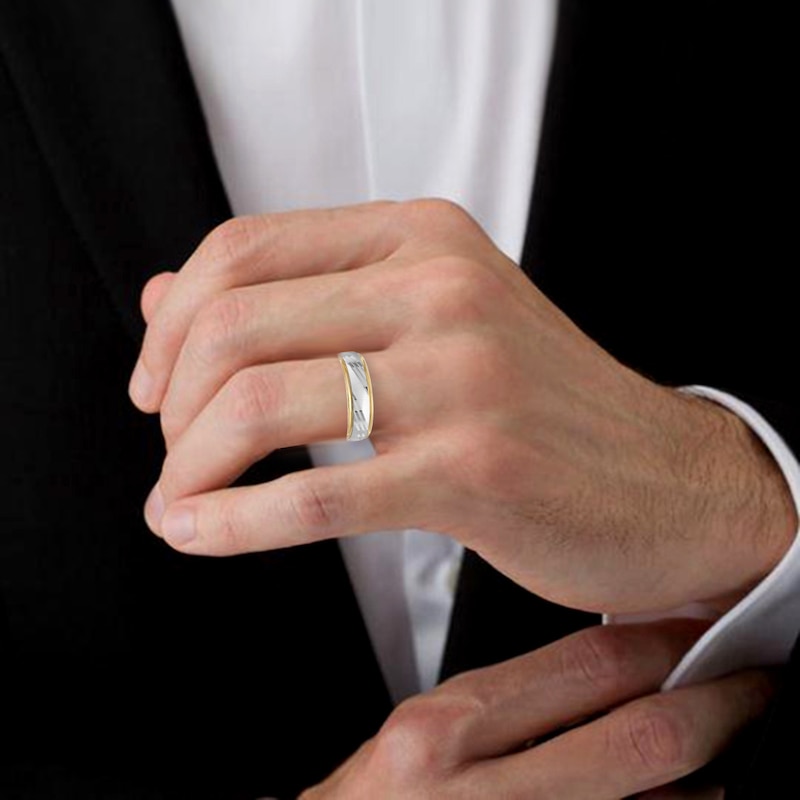 Main Image 2 of 6.0mm Comfort-Fit Slant Diamond-Cut Wedding Band in 14K Two-Tone Gold - Size 10