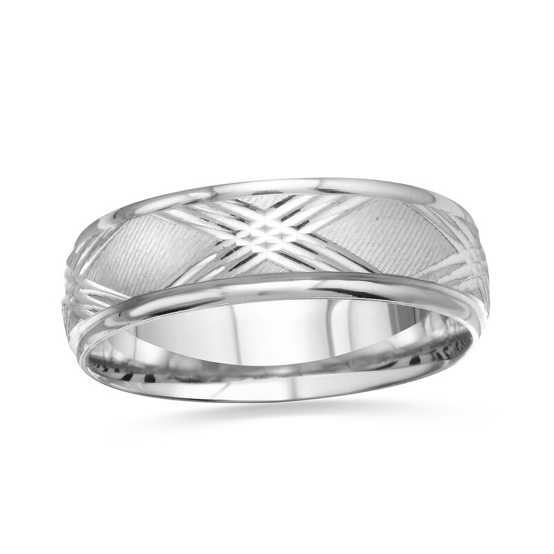 Men's 6.0mm Comfort-Fit Diamond-Cut Criss-Cross Wedding Band in 14K White Gold - Size 10