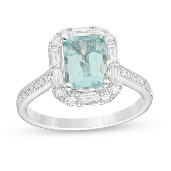 Emerald-Cut Aquamarine and 3/8 CT. T.w. Diamond Frame Engagement Ring in 14K White Gold