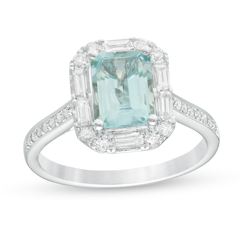 Main Image 1 of Emerald-Cut Aquamarine and 3/8 CT. T.W. Diamond Frame Engagement Ring in 14K White Gold
