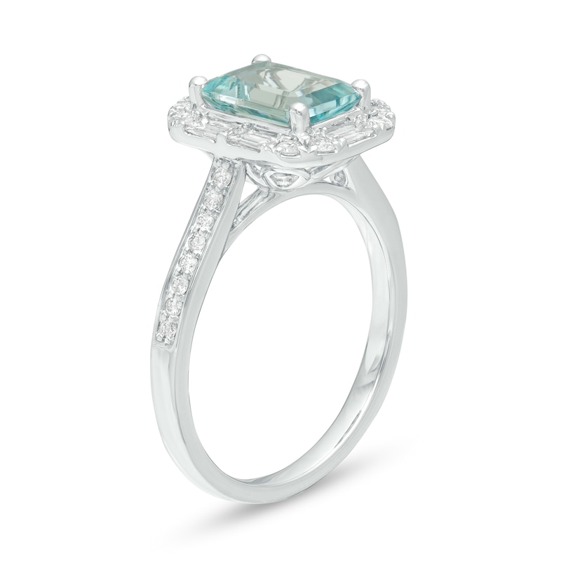 Main Image 3 of Emerald-Cut Aquamarine and 3/8 CT. T.W. Diamond Frame Engagement Ring in 14K White Gold