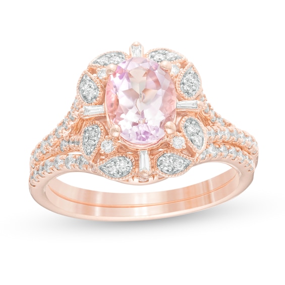 Oval Rose de France Amethyst and 5/8 CT. T.w. Diamond Frame Art Deco Bridal Set in 14K Rose Gold
