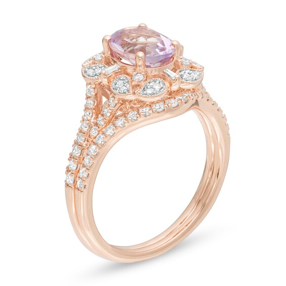 Oval Rose de France Amethyst and 5/8 CT. T.w. Diamond Frame Art Deco Bridal Set in 14K Rose Gold
