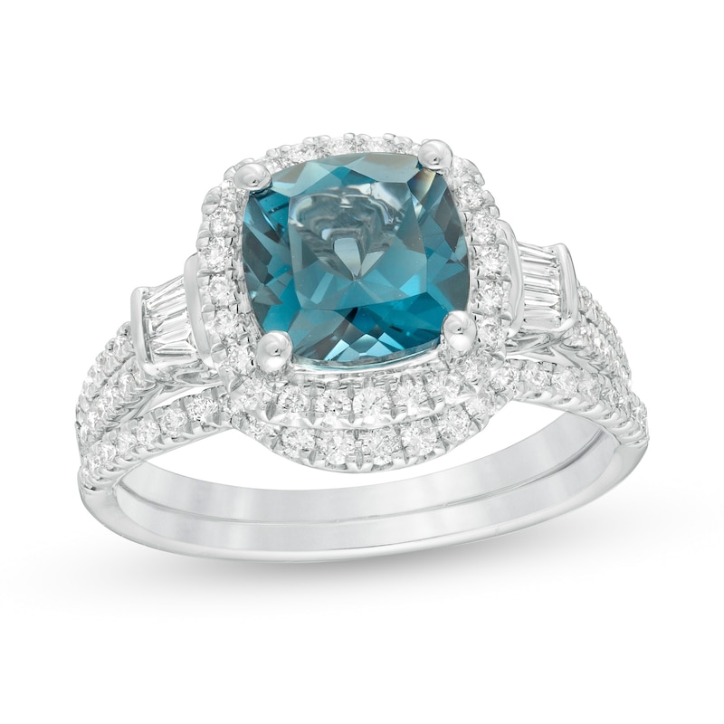 Main Image 1 of 8.0mm Cushion-Cut London Blue Topaz and 5/8 CT. T.W. Diamond Frame Bridal Set in 14K White Gold