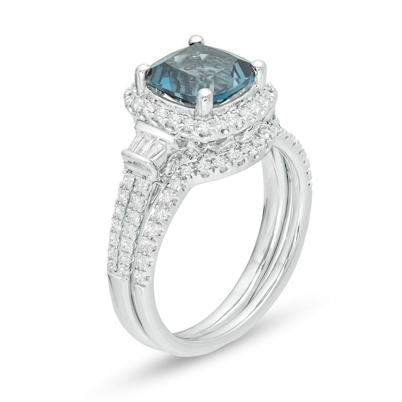 Main Image 3 of 8.0mm Cushion-Cut London Blue Topaz and 5/8 CT. T.W. Diamond Frame Bridal Set in 14K White Gold