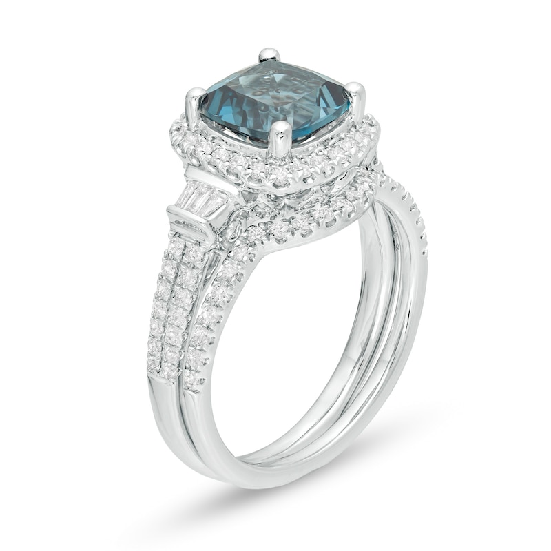 8.0mm Cushion-Cut London Blue Topaz and 5/8 CT. T.W. Diamond Frame Bridal Set in 14K White Gold