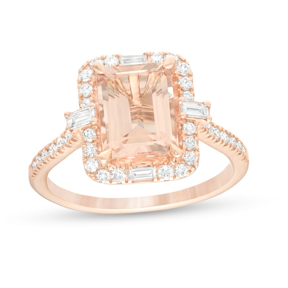 Emerald-Cut Morganite and 1/2 CT. T.w. Diamond Frame Engagement Ring in 14K Rose Gold