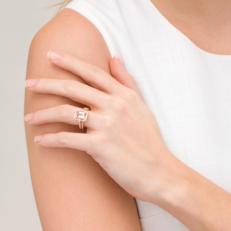 Main Image 2 of Emerald-Cut Morganite and 1/2 CT. T.W. Diamond Frame Engagement Ring in 14K Rose Gold