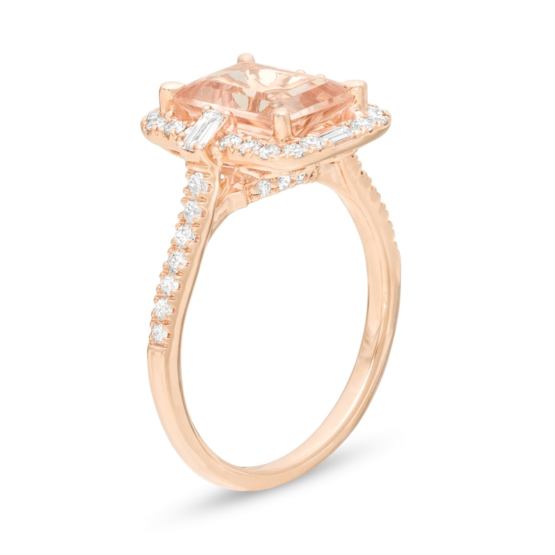 Emerald-Cut Morganite and 1/2 CT. T.W. Diamond Frame Engagement Ring in 14K Rose Gold