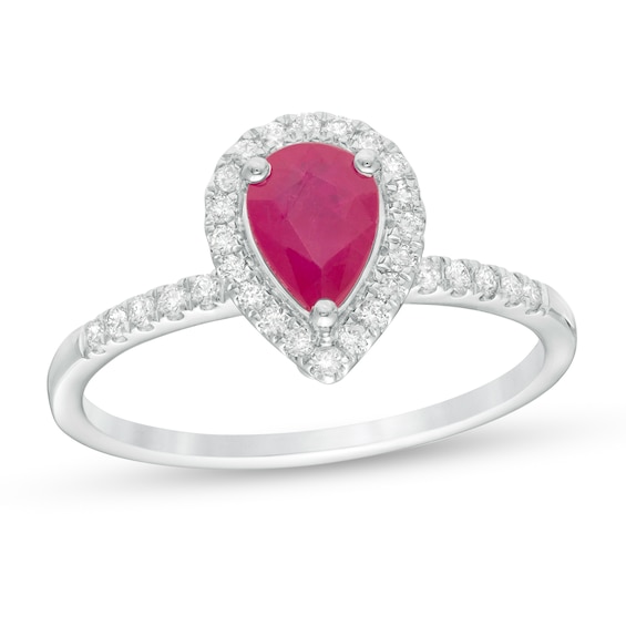 Pear-Shaped Ruby and 1/6 CT. T.w. Diamond Frame Engagement Ring in 14K White Gold