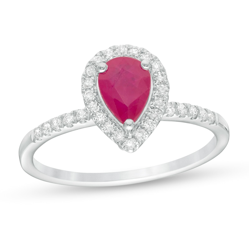 Pear-Shaped Ruby and 1/6 CT. T.W. Diamond Frame Engagement Ring in 14K White Gold