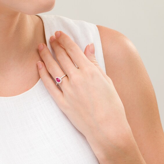 Pear-Shaped Ruby and 1/6 CT. T.W. Diamond Frame Engagement Ring in 14K White Gold Pear-Shaped Ruby and 1/6 CT. T.W. Diamond Frame Engagement Ring in 14K White Gold