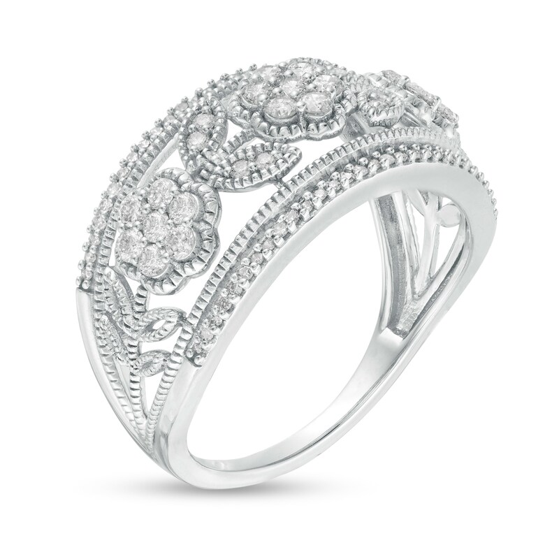 Main Image 3 of 1/2 CT. T.W. Diamond Vintage-Style Floral Ring in 10K White Gold