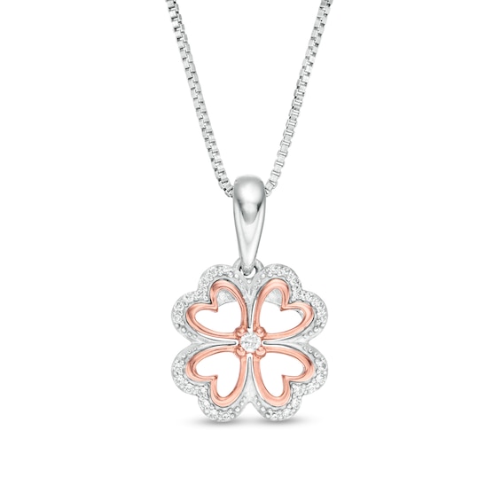 1/10 CT. T.w. Diamond Heart-Shaped Four Leaf Clover Pendant in Sterling Silver and 10K Rose Gold
