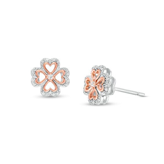 1/10 CT. T.w. Diamond Heart-Shaped Four Leaf Clover Stud Earrings in Sterling Silver and 10K Rose Gold