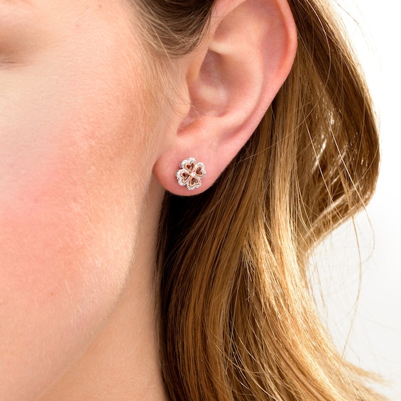 1/10 CT. T.w. Diamond Heart-Shaped Four Leaf Clover Stud Earrings in Sterling Silver and 10K Rose Gold