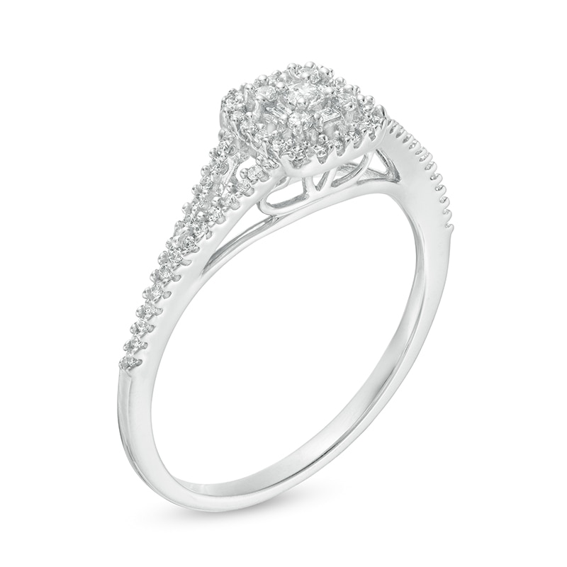 Main Image 3 of 1/4 CT. T.W. Cushion-Shaped Multi-Diamond Frame Split Shank Ring in 10K White Gold