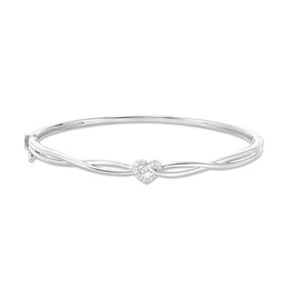 Sterling Silver Diamond Heart Bangle Bracelet Fashion Wristband Two Row Polished Style Fancy 1/20 Cttw 