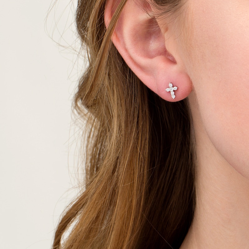 Main Image 2 of 1/5 CT. T.W. Diamond Cross Stud Earrings in 14K White Gold