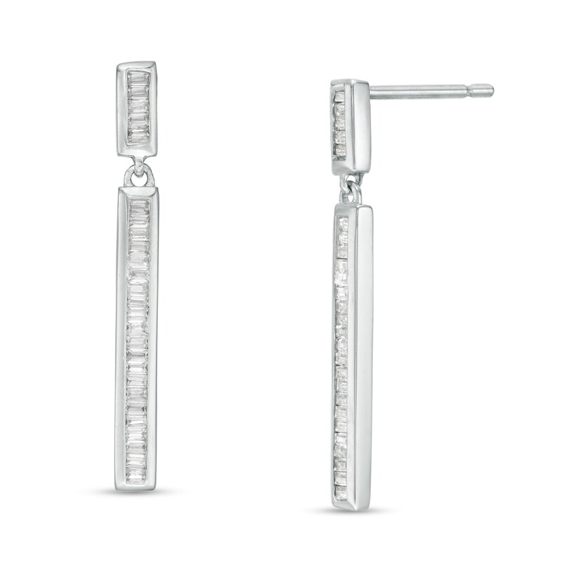 Main Image 1 of 1/3 CT. T.W. Baguette Diamond Line Drop Earrings in 10K White Gold