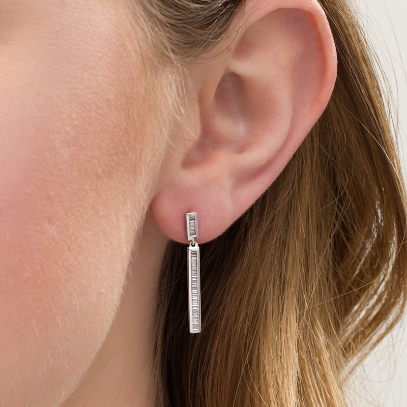 Main Image 2 of 1/3 CT. T.W. Baguette Diamond Line Drop Earrings in 10K White Gold