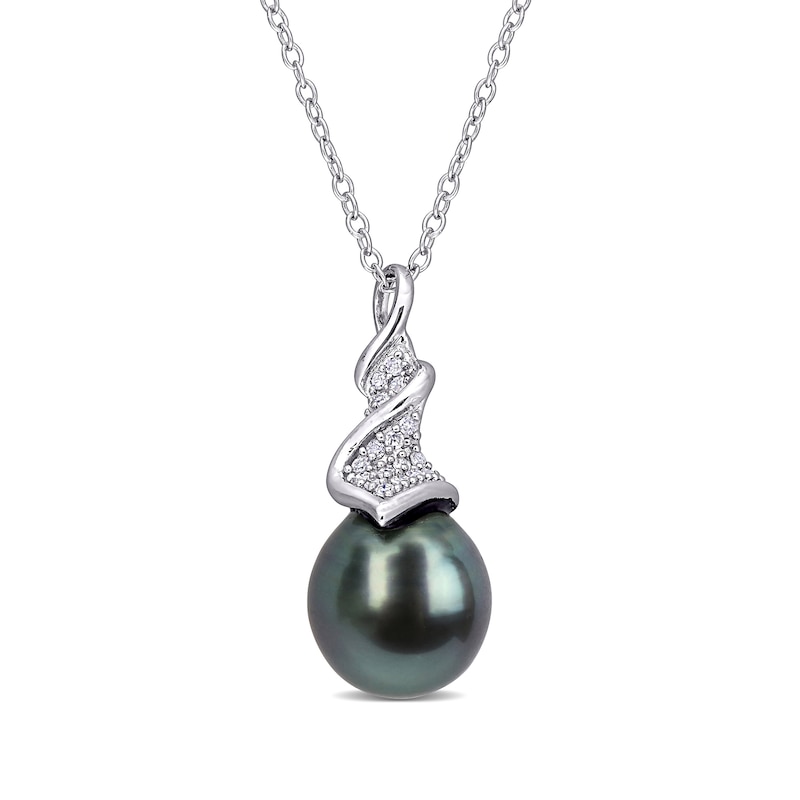 Main Image 1 of 9.0-9.5mm Baroque Black Tahitian Cultured Pearl and 1/10 CT. T.W. Diamond Swirl Pendant in Sterling Silver