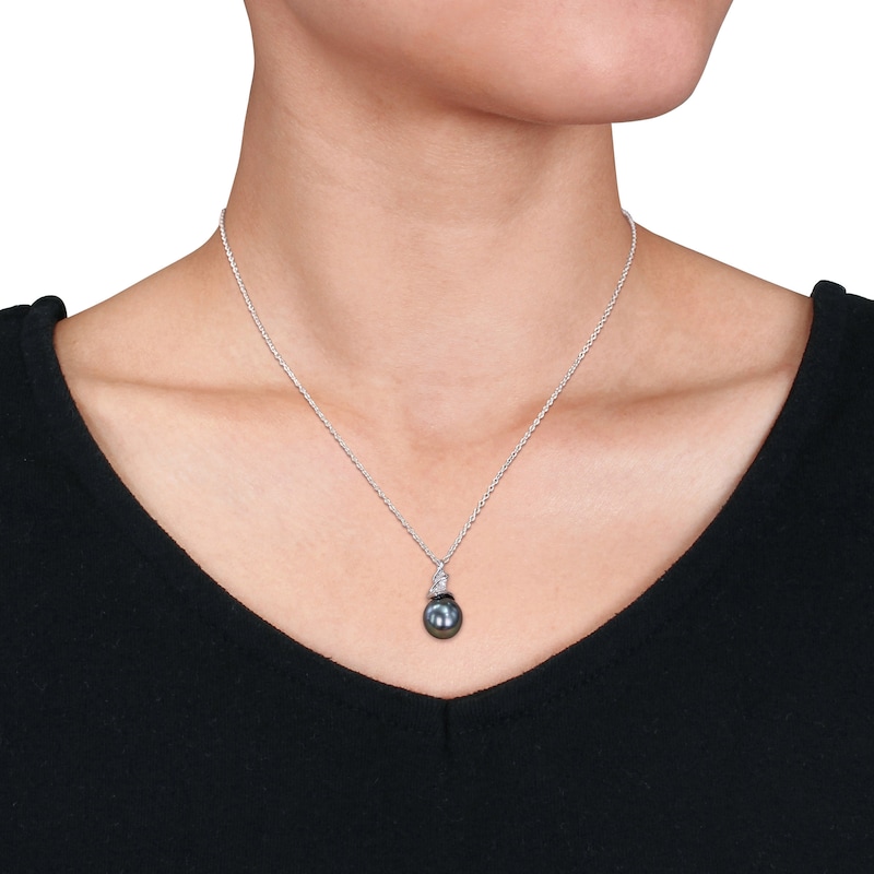 9.0-9.5mm Baroque Black Tahitian Cultured Pearl and 1/10 CT. T.W. Diamond Swirl Pendant in Sterling Silver