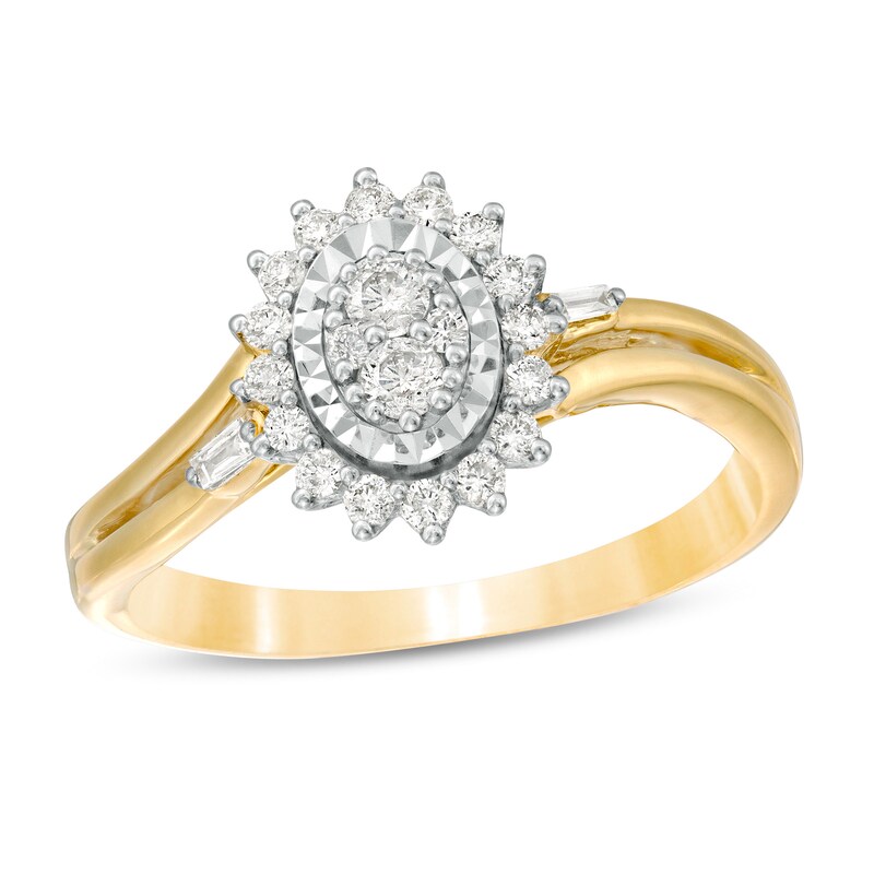 Main Image 1 of Cherished Promise Collection™ 1/4 CT. T.W. Diamond Oval Starburst Split Shank Promise Ring in 10K Two-Tone Gold