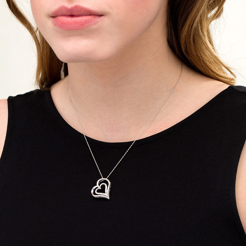 Main Image 2 of 1/2 CT. T.W. Diamond Tilted Double Heart Pendant in 10K White Gold