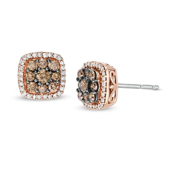 1/2 CT. T.w. Champagne and White Diamond Cushion Frame Stud Earrings in 10K Rose Gold