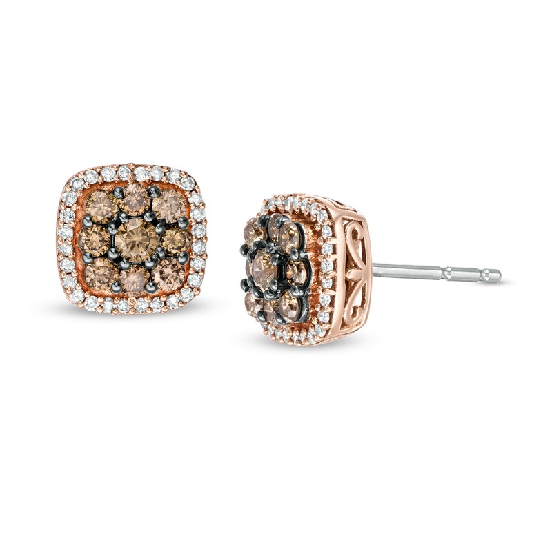 Main Image 1 of 1/2 CT. T.W. Champagne and White Diamond Cushion Frame Stud Earrings in 10K Rose Gold