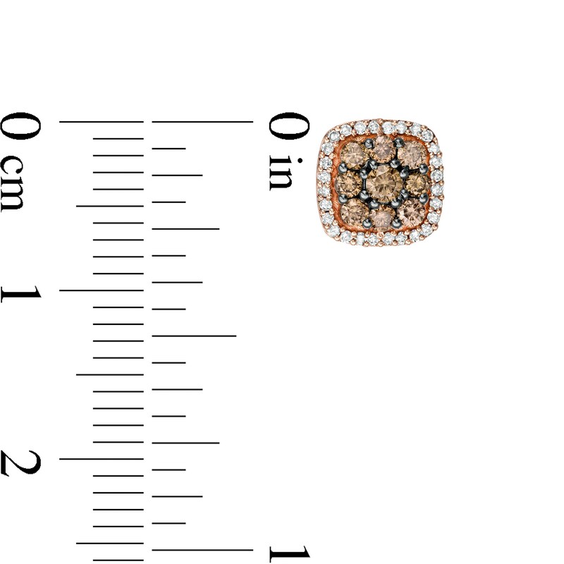 Main Image 3 of 1/2 CT. T.W. Champagne and White Diamond Cushion Frame Stud Earrings in 10K Rose Gold