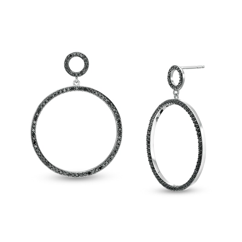 Main Image 1 of 1-1/2 CT. T.W. Black Diamond Double Circle Drop Earrings in Sterling Silver