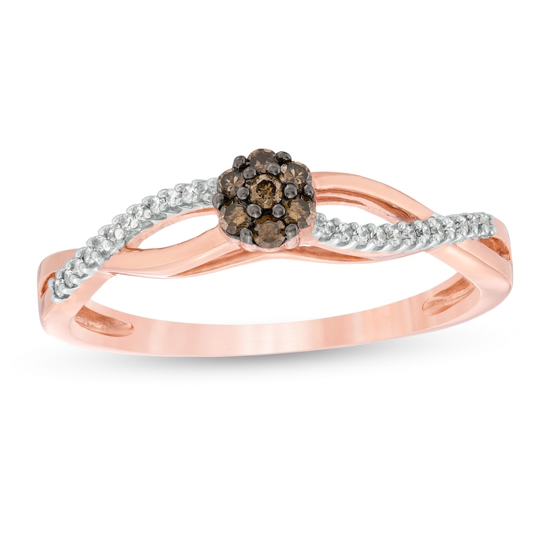 1/6 CT. T.W. Champagne and White Diamond Flower Twist Shank Ring in 10K Rose Gold