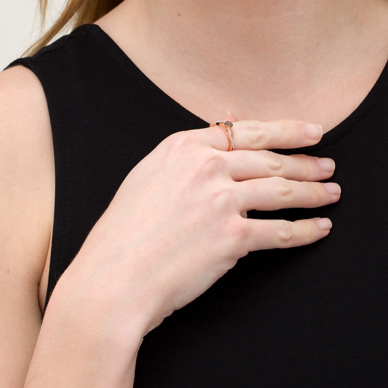 Main Image 2 of 1/6 CT. T.W. Champagne and White Diamond Flower Twist Shank Ring in 10K Rose Gold