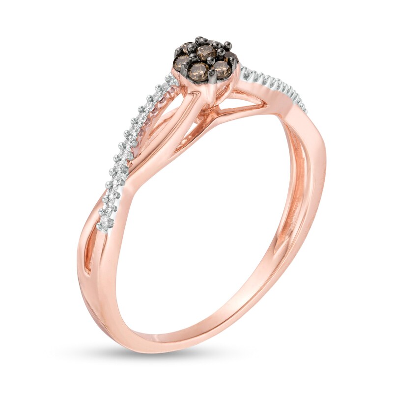 Main Image 3 of 1/6 CT. T.W. Champagne and White Diamond Flower Twist Shank Ring in 10K Rose Gold