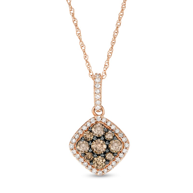 Main Image 1 of 1/2 CT. T.W. Champagne and White Diamond Tilted Cushion Frame Pendant in 10K Rose Gold
