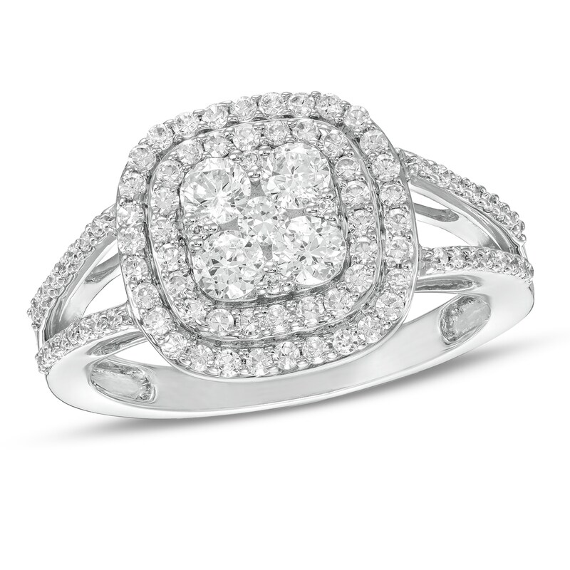 Main Image 1 of 1 CT. T.W. Composite Diamond Double Cushion Frame Split Shank Ring in 10K White Gold
