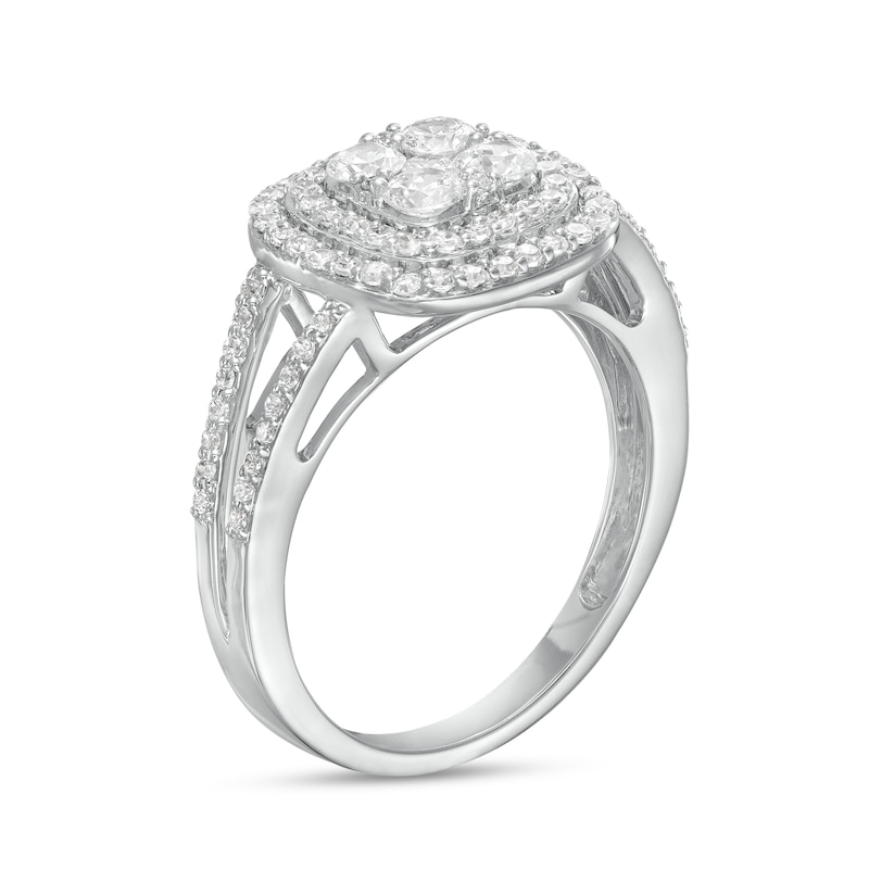 Main Image 3 of 1 CT. T.W. Composite Diamond Double Cushion Frame Split Shank Ring in 10K White Gold