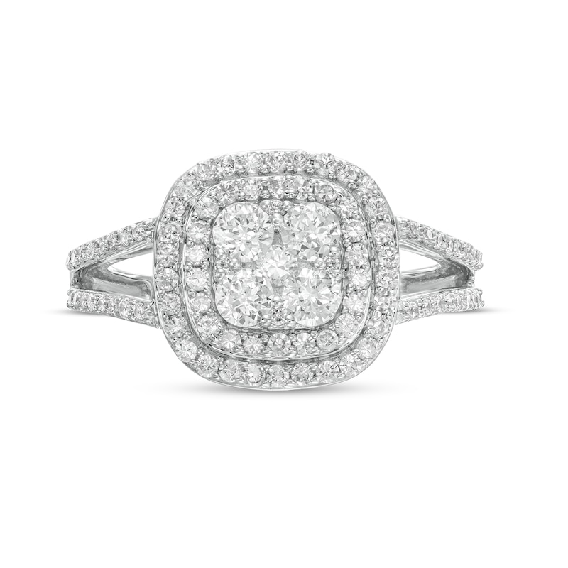 Main Image 4 of 1 CT. T.W. Composite Diamond Double Cushion Frame Split Shank Ring in 10K White Gold